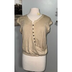 We the free beige drape button cross front embroidered back short sleeve top XS